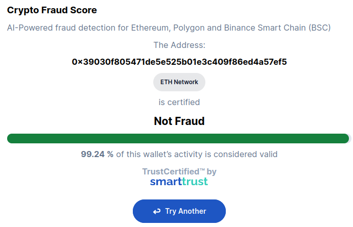 Crypto Fraud Check Results Trusted Address