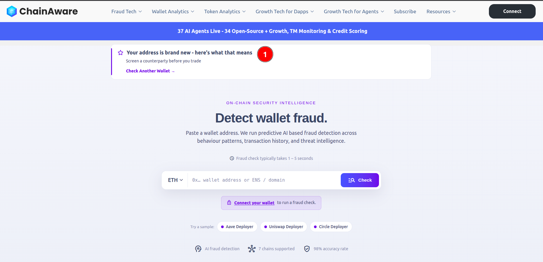 ChainAware fraud check page with a personalised Growth Agents card for a brand-new wallet address and a Check Another Wallet link