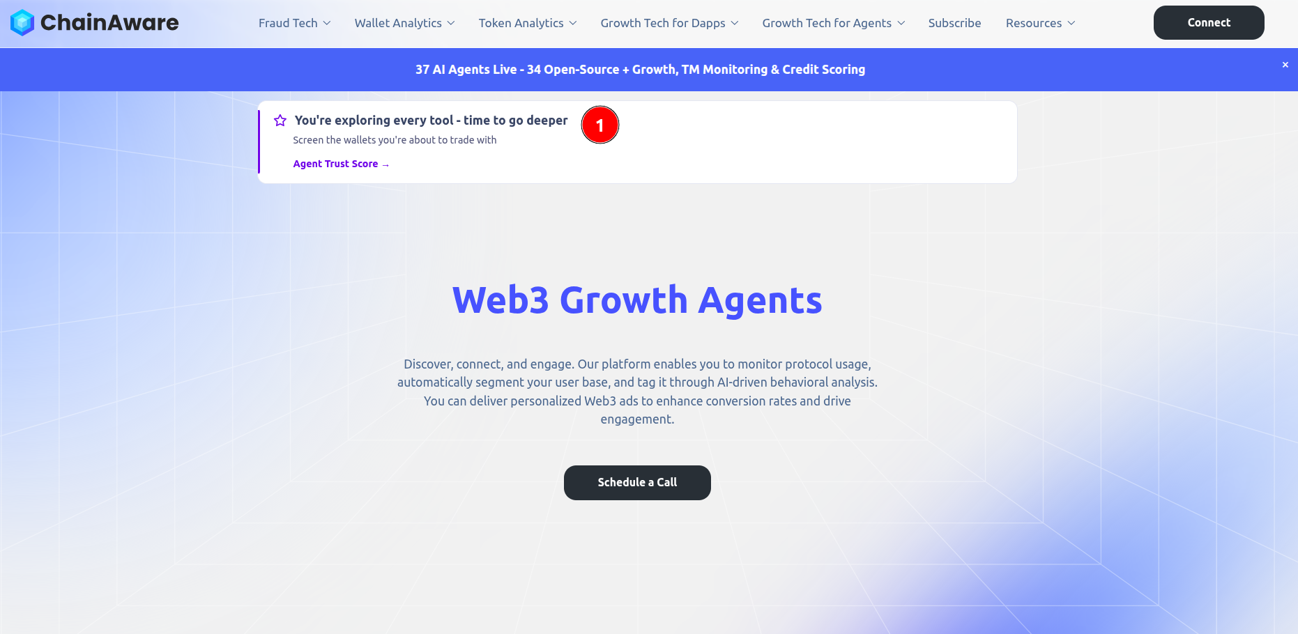 ChainAware Growth Agents page with a personalised card for a visitor exploring every tool, linking to the Agent Trust Score